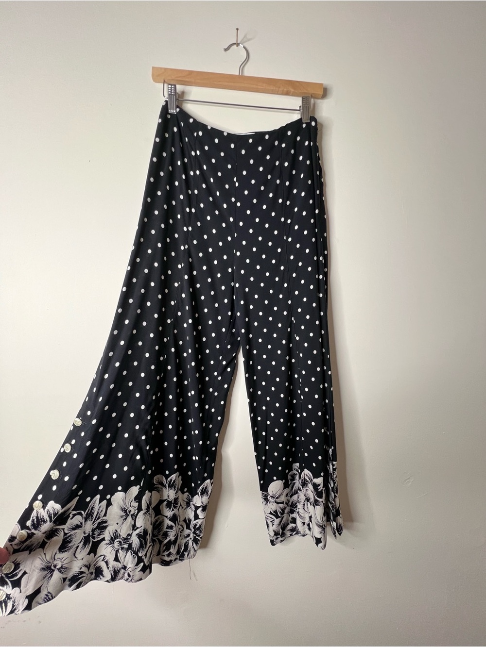 Anthropologie Black and White Polka Dot Wide-Leg Pants with Floral Border